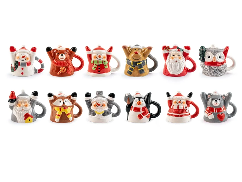 H&H Upside Down Set of 12 Ceramic Coffee Cups, cc60, Assorted Christmas Decors, Colorful, Cheerful
