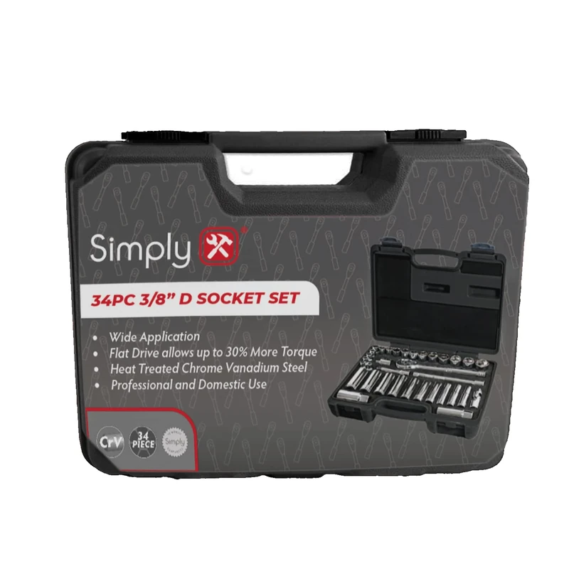 Simply TSET30 34pc 3/8" Inch Drive Socket Set with Carry Case - Multiple Use Essential Tool Set