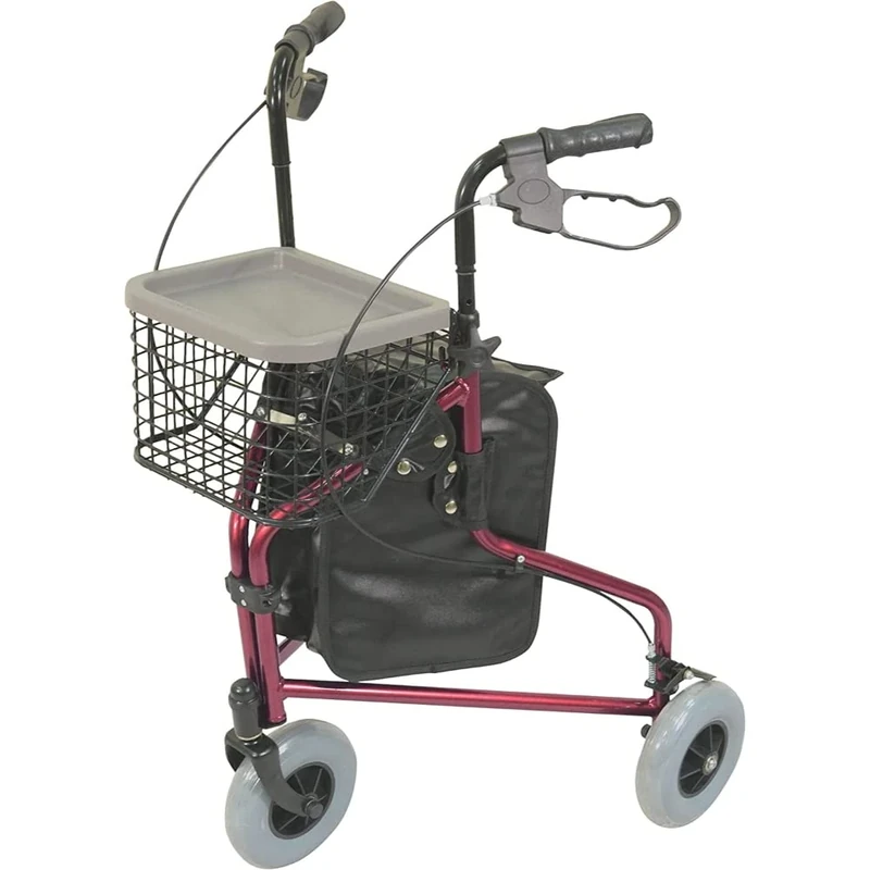 Aidapt Red Folding Light Weight Aluminium 3 Wheeled Tri Walker Rollator Mobility Aid with Carry Bag, Basket, Tray and Lockable Brakes for Indoor and Outdoor use.