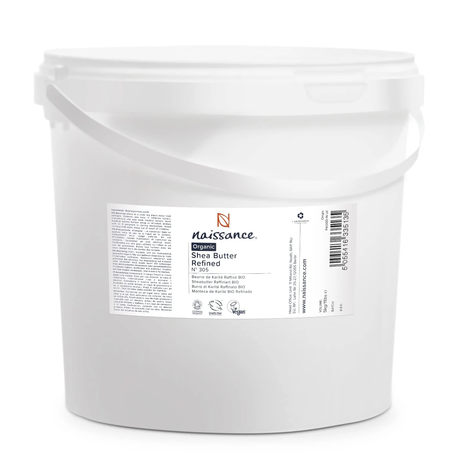 Naissance Organic Shea Butter Refined (No. 305) - 5kg - Pure, Natural - for Beauty Recipes, Body, Face, Hair Moisturiser and Cosmetics