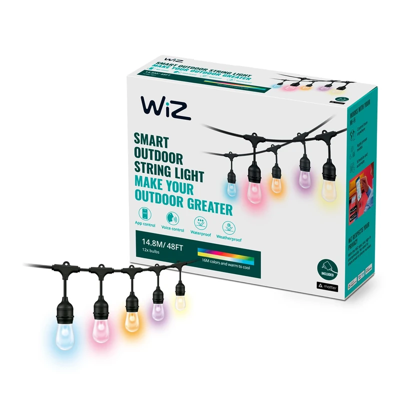 WiZ Smart Colour Connected Outdoor Festoon String Lights [48ft - UK Plug] Smart WiFi Lighting. App Controlled for Home Lighting, Indoor and Outdoor