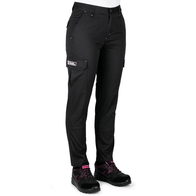 Black Hammer Womens Cargo Work Trousers Multi Pockets Elastic Waist Heavy Duty Triple Stitched Reinforcing Stress Point Endure Workwear (Size 10, 28" Leg) Black