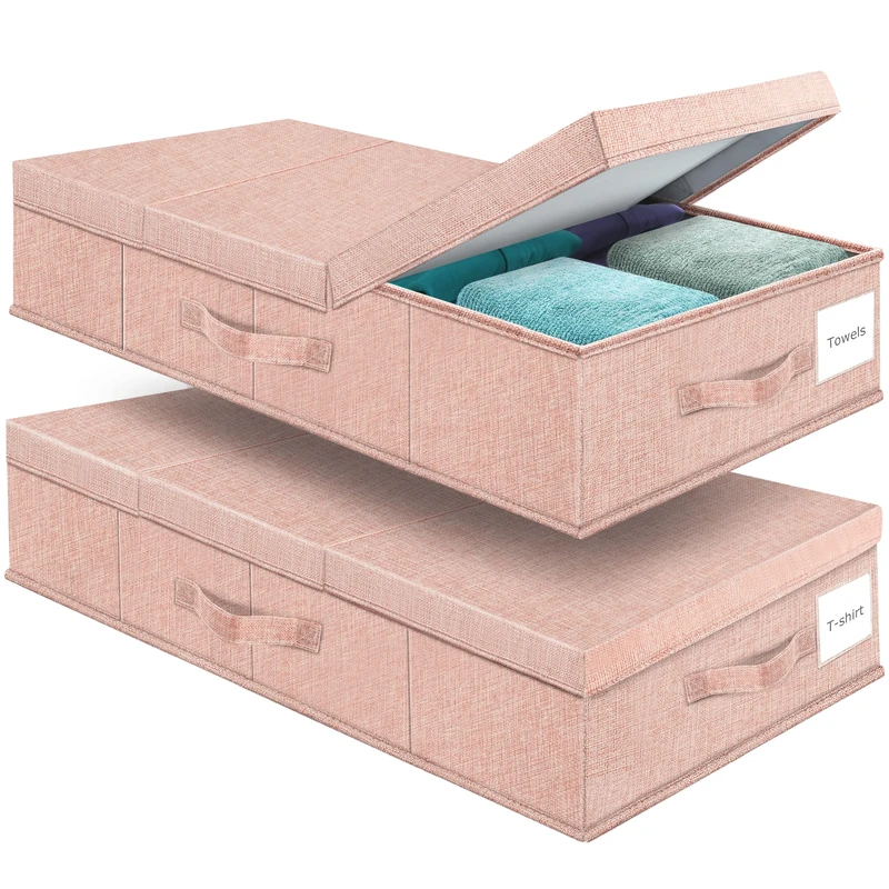 Supowin Underbed Storage Containers Bin with Lids (Set of 2) Large Under Bed Storage Organizer Box with Handle, Blankets, Pillows-Pink