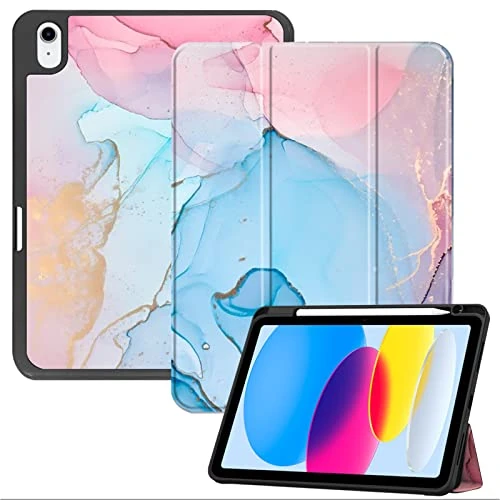 Deokke Compatible with iPad (A16) 11th Generation 11 Inch 2025,iPad 10th Generation Case 2022,10.9 Inch Case Pencil Holder Soft Back Auto Sleep/Wake Cover Girls Women-Blue Pink Marble