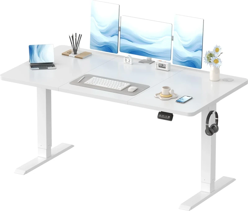 Devoko Electric Standing Desk 140x60cm, Height Adjustable Desk Ergonomic Stand up with 2 Memory Preset, White