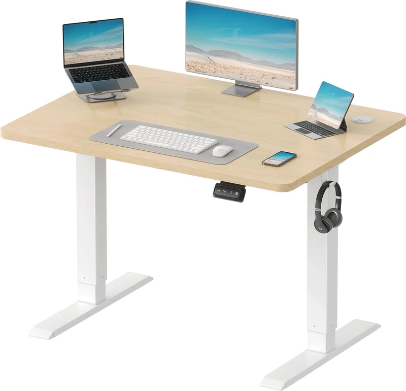 Devoko Electric Standing Desk 100x60cm Sit Stand Table Height Adjustable Desk with Backpack Hook and Memory Smart Pannel, Home Office Table with Splice Board, Beige