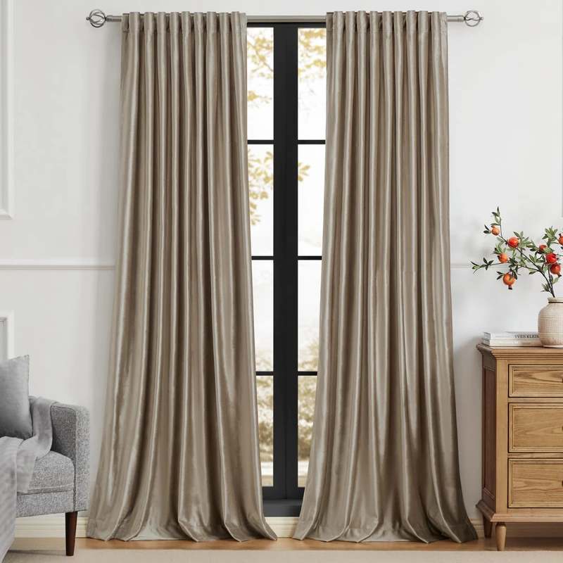 PRIMROSE Taupe Curtains 96 inch for Living Room,2 Panels Velvet Drapes Blackout Rod Pocket Back Tab Window Treatment Room Darkening Decorative Thick Curtains for Bedroom