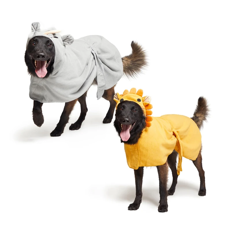 Barkbox Dog Bathrobe Bundle, Fast Drying with Hook and Loop Closure & Wrap Tie Snuggle, Cute Dogs Clothes, Easy to Clean, Machine Washable, Dog Coats and Tumble Dry Low - Lion/Rhino, Large