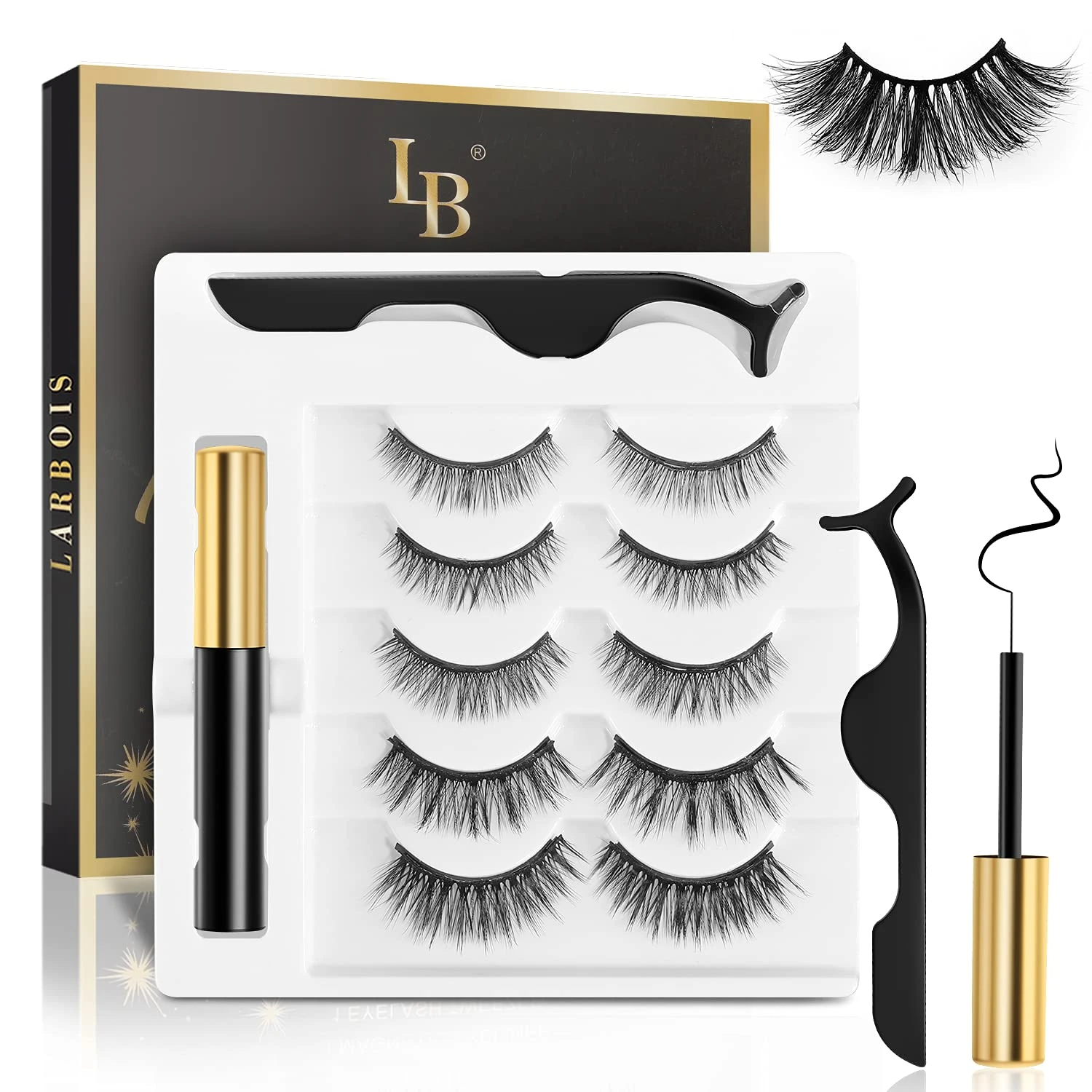 Magnetic Eyelashes, Larbois 5 Paires Mangetic Lashes Natural Look with Magnetic Eyeliner, Self Adhesive＆Reusable Fake Eyelashes With Applicator and Tweezers Kit, Waterproof Long-Lasting No Glue Needed