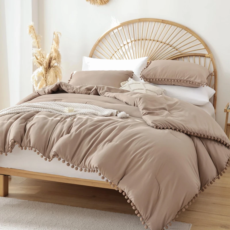 YIRDDEO Full Size Comforter Sets - Full Size Comforter with Ball Pom Fringe, Soft Bedding Set for All Seasons - 3 Pieces, 1 Comforter (79"x90") & 2 Pillow Shams(20"x26"), Taupe