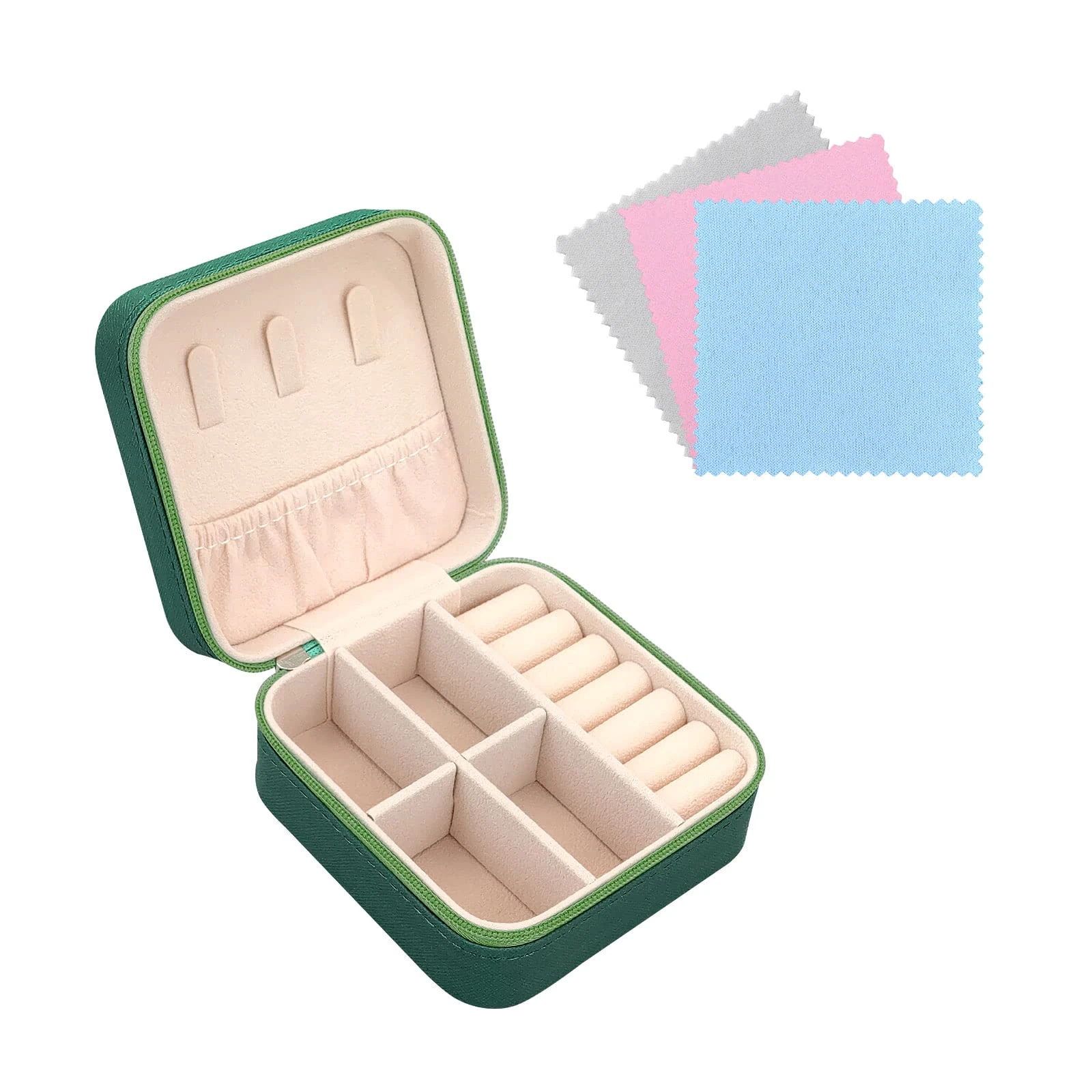 FuninCrea Jewellery Box Organiser for Women, Mini PU Leather Travel Jewelry Storage Case with 3pcs Silver Cloth for Rings Earrings Necklace, Portable Jewelry Case for Girl, Wife, Mother (dark green)