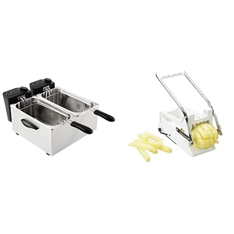 Caterlite Light Duty Fryer with Two 3.5L Tanks and Removable Inner Pot 2 x 2Kw Bundle with KitchenCraft KCBB882 Potato Chipper, Stainless Steel/Plastic Chip Cutter