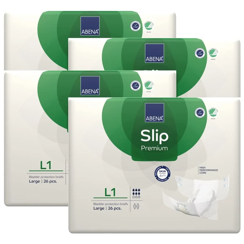 ABENA Slip Premium All-in-One Incontinence Pads for Men & Women, Eco-Labelled Womens, Mens, Large 1, 100-150cm Waist, 2500ml Absorbency, 4X 26PK, White, L (26 pcs, Pack of 4)