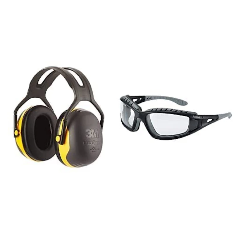 Peltor 3M X2AC1 X2 Earmuff; Hearing Protection, noise levels 94-105 dB (SNR: 31dB) Black/Yellow, Adult Bundle with Bolle TRACPSI Tracker Glasses Nylon Frame Anti-Scratch and Fog Lens, Clear/Black