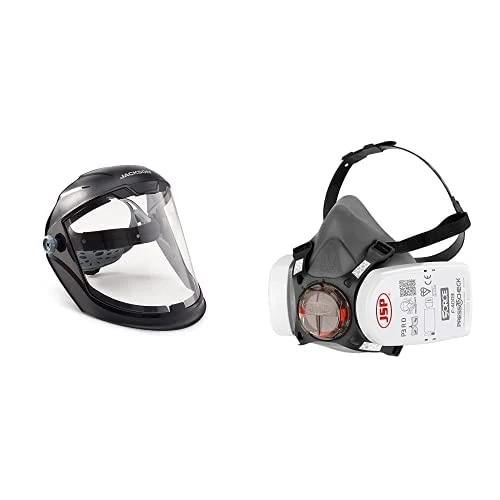 Jackson Safety 14201 Maxview Face shield/Face guard anti-fog coating, visor and headgear, Black Bundle with JSP Force 8 Half Mask Respirator, JSP Press to Check P3 Dust Filters, BHT0A3-0L5-N00, Grey