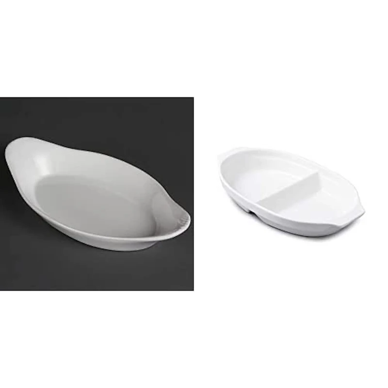 Olympia W427 6XWhiteware Oval Eared Dishes 229X 127mm Porcelain Serving Plates Bundle with WM Bartleet & Sons 1750 T398 Traditional Porcelain Large Divided Vegetable and Sides Serving Dish 32cm, White