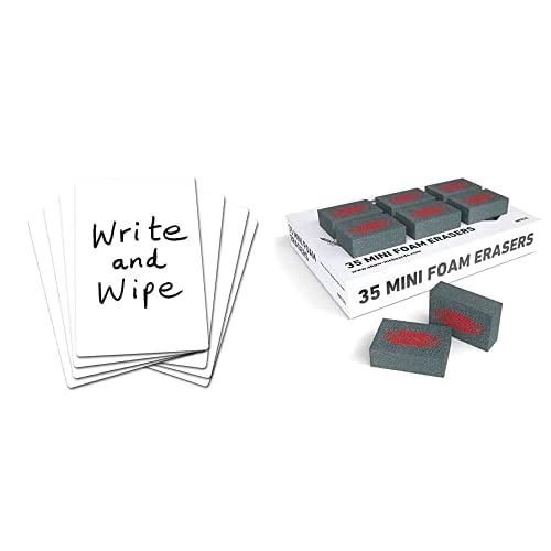 SG Education Plain A430 Write and Wipe Plain Board, A4 Size, Pack of 30 Bundle with Show-me MFE35 Mini Foam Erasers for Drywipe Boards in Schools and Classrooms (Pack of 35), Black