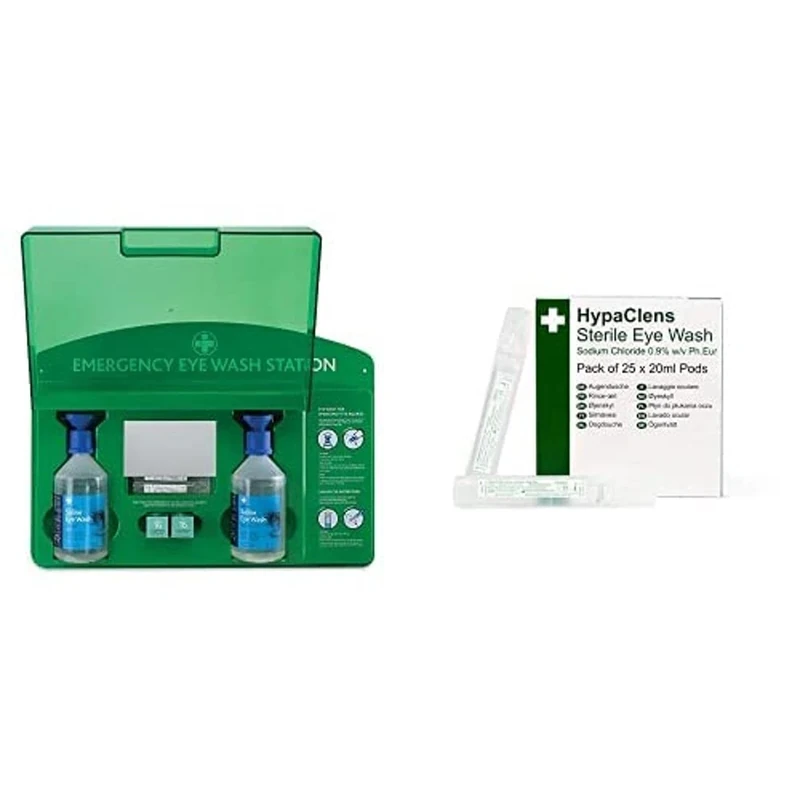 Reliance Medical REL919 Complete Emergency Eye Wash Station with 20ml Pods/500ml Bottles/Eye Pads/Mirror Bundle with HypaClens Saline Eye Wash Pods, (Pack of 25)