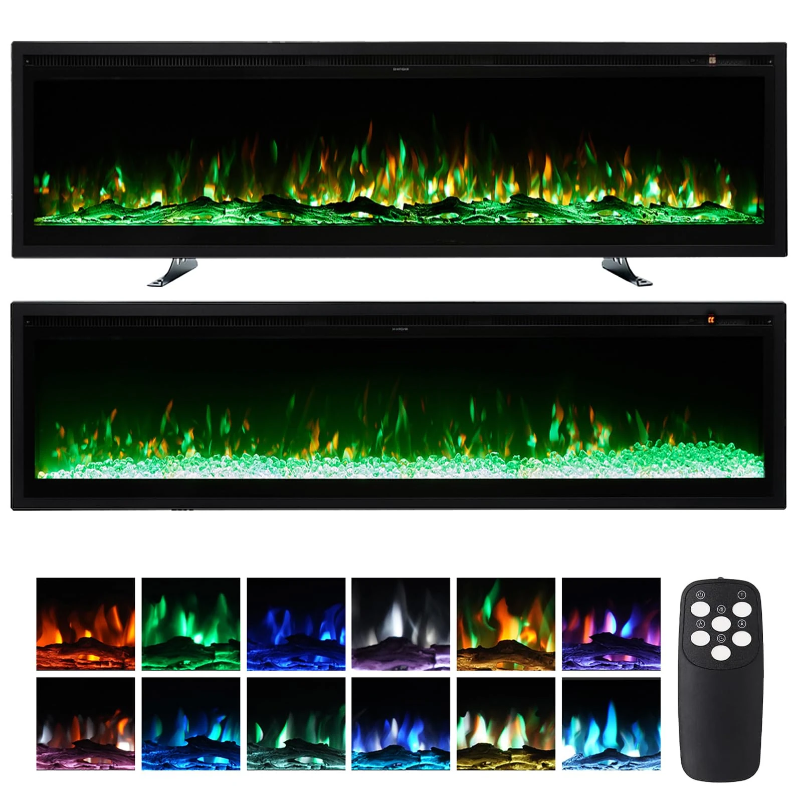 INMOZATA Electric Fire Wall Mounted/Recessed/Freestanding 127cm Electric Fireplace with Remote & Touch Screen Control 12 LED Color Flame Effect, 2 Heat Settings 900W&1800W, Crystal & Log Set