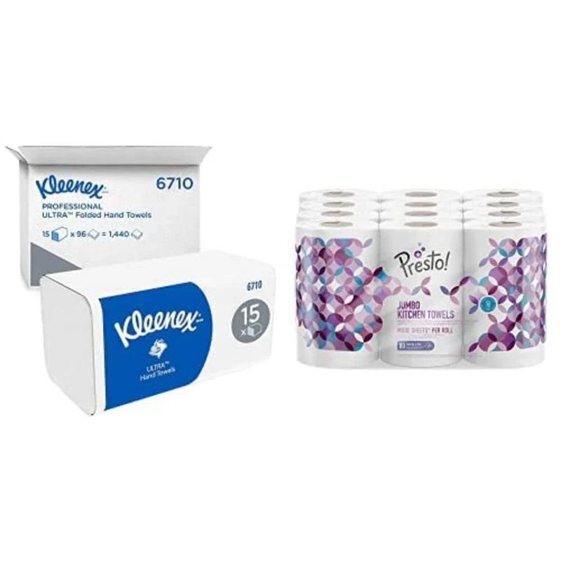 Kleenex Ultra Interfold Hand Towels 6710-3 Ply V Fold Paper Towels - 15 Packs x 96 Paper Hand Towels (1,440 Total) Bundle with Amazon Brand - Presto! Jumbo Kitchen Rolls, 12 Count (Pack of 1)