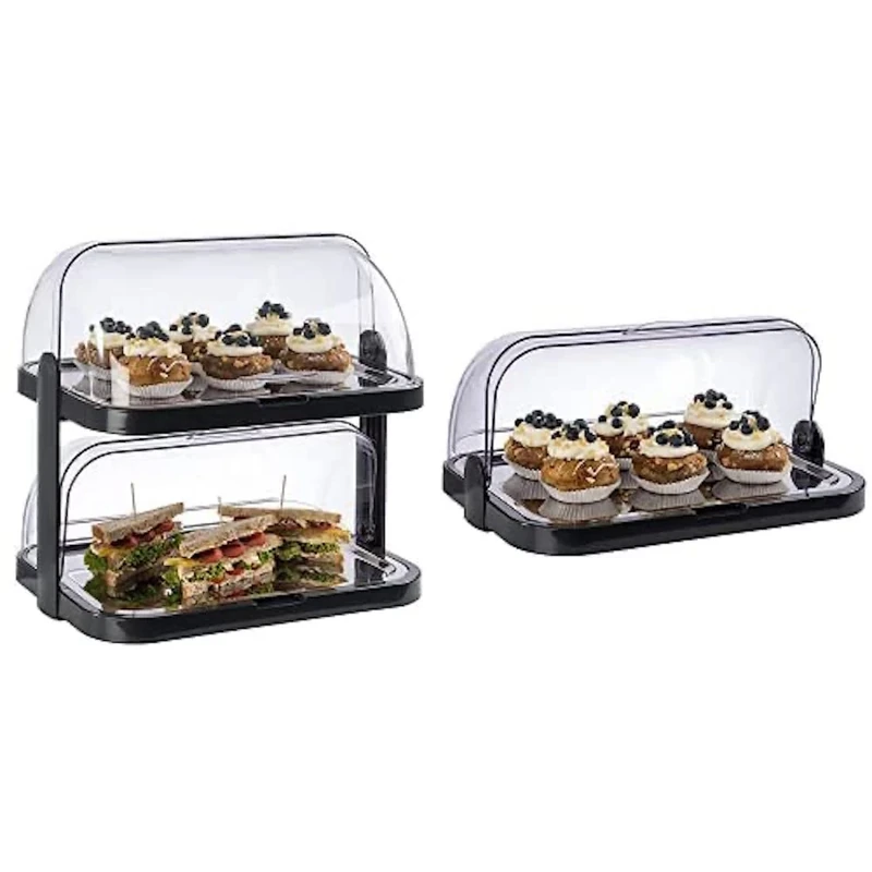 APS 9204 Doppeldecker Buffet Display Case, 2 Transparent Roll-Top Bonnets, 2 Stainless Steel Tray, 4 Cooling Accumulators, Space-Saving Storage Bundle CB793 Roll Top Cool Display Tray