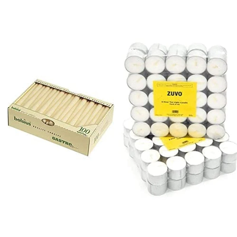 Bolsius 103400335505 Tapered Candle Ivory, 10", Cream (Pack of 100) Bundle with 8 Hour Tea Lights Candles (50 Pack) - White Long Lasting Tea Lights - Unscented - 3.8 x 2.3 cm, 8hr