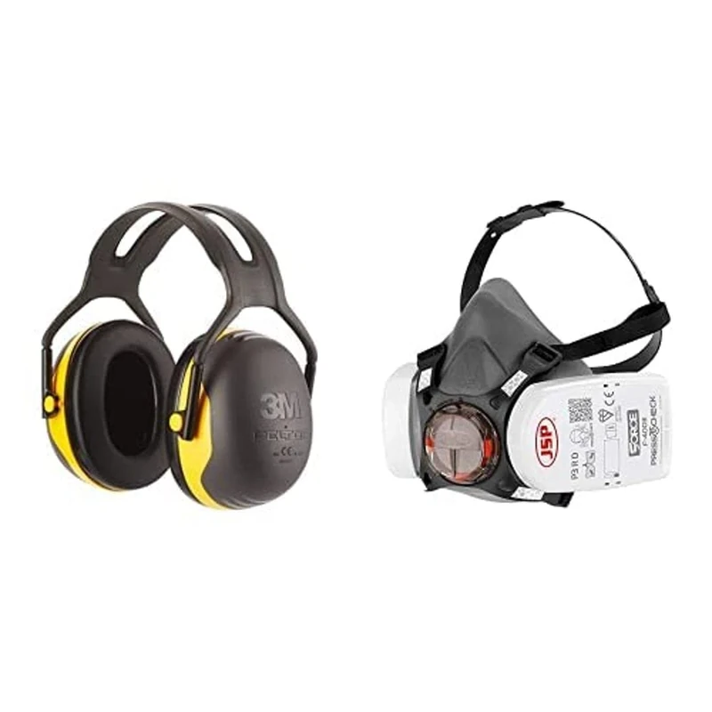 Peltor 3M X2AC1 X2 Earmuff; Ear Defender, 94-105 dB (SNR: 31dB) Pack of 1, Black/Yellow, Adult Bundle with JSP Force 8 Half Mask Respirator, JSP Press to Check P3 Dust Filters, BHT0A3-0L5-N00, Grey
