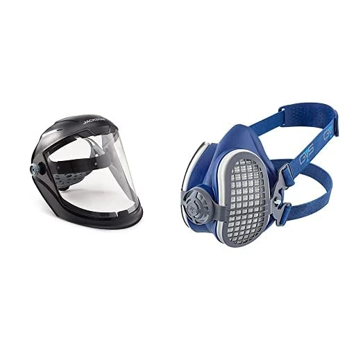 Jackson Safety 14201 Maxview Face shield/Face guard anti-fog coating, visor face protection and ratcheting headgear, Black Bundle with GVS SPR501 Elipse Mask with P3 filters, M/L