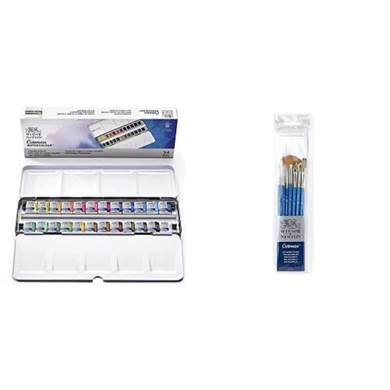 Winsor & Newton 390645 Cotman Water Colour Box-24, 24 x Half Pan Metal Sketchers' Box, Aquarellkasten Bundle, Cotman Brush Short Handle Set, Pack of 7