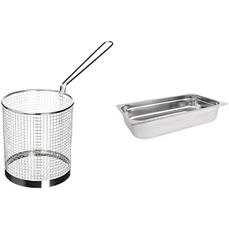 Vogue J719 Spaghetti Basket 15cm Stainless Steel Cooking Kitchen Boiler Commercial Bundle with Vogue 12943 Stainless Steel 1/1 Gastronorm Pan 100mm, Silver