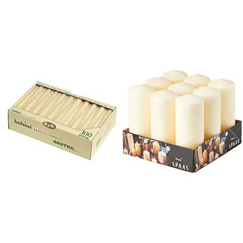 Bolsius 103400335505 Tapered Candle Ivory, 10", Cream (Pack of 100) Bundle with Spaas Tray of 9 Unscented Pillar Candles 60/150 mm, 45 Hours, Ivory - Image 1