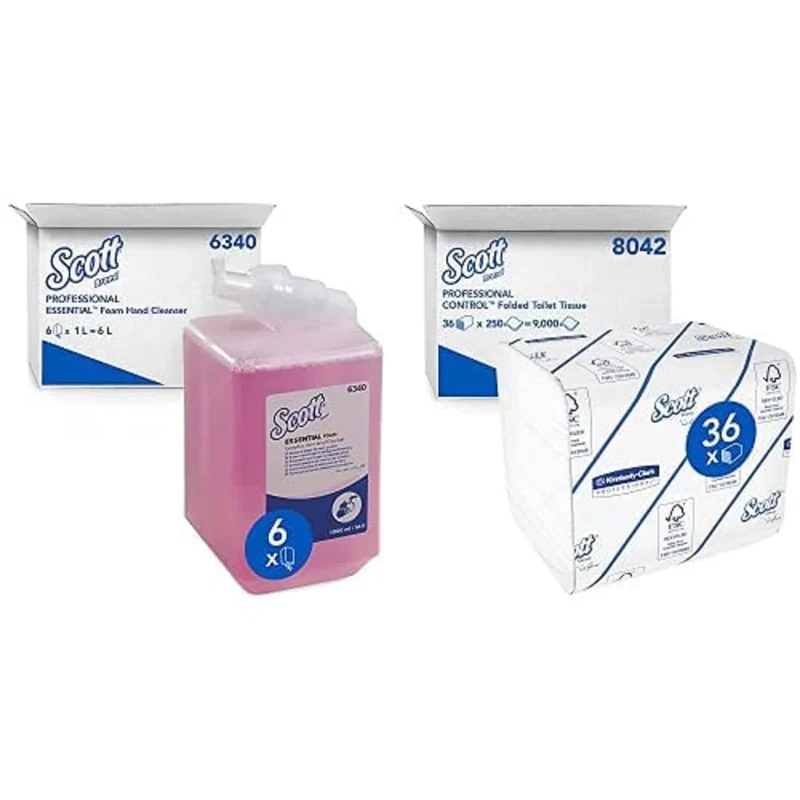 Scott Essential Foam Hand Wash 6340 - Scented Foaming Hand Soap - 6 x 1 L - Pink Hand Wash Refills & Scott Control Folded Toilet Tissue 8042-2 Ply Toilet Paper - 36 Packs x 250 Sheets (9,000 Total)