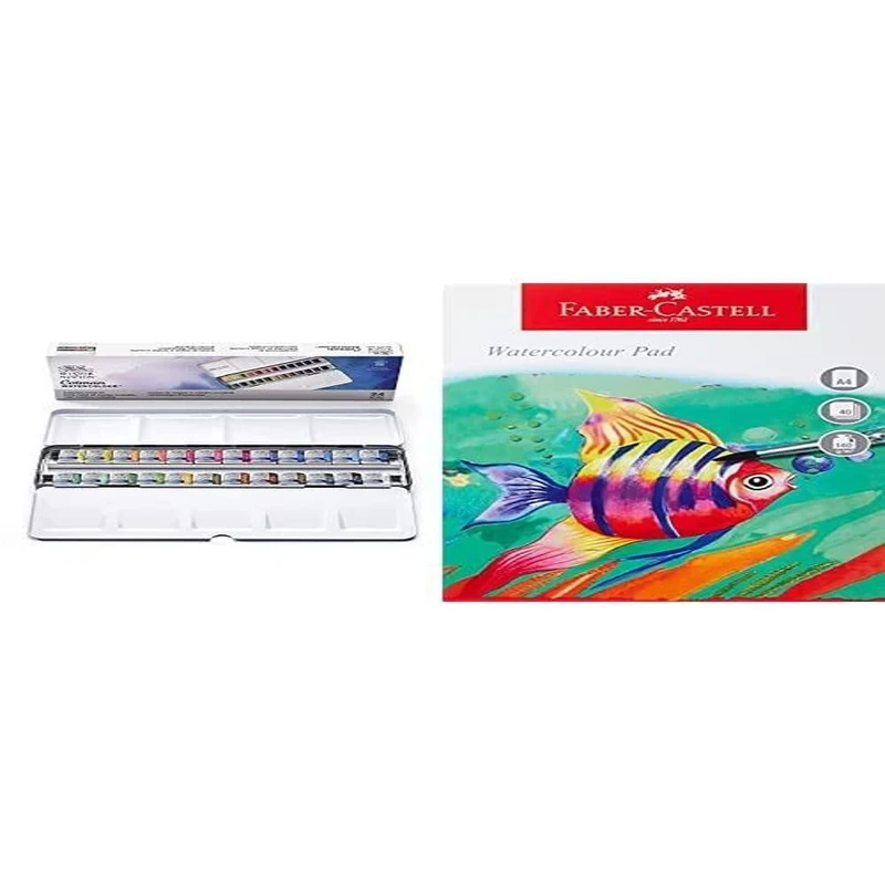 Winsor & Newton 390645 Cotman Water Colour Box-24, 24 x Half Pan Metal Sketchers' Box, Aquarellkasten Bundle with Faber-Castell A4 Watercolour Pad - Image 1