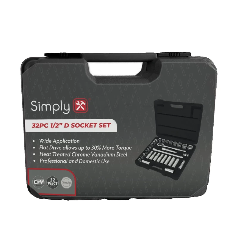 Simply TSET31 32pc 1/2" Inch Drive Socket Set with Carry Case - Multiple Use Essential Tool Set