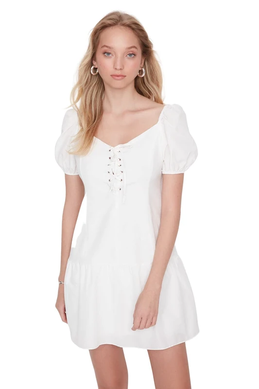 Trendyol Women's Mini Ruffle Hem Regular Dress, Ecru, 34 UK