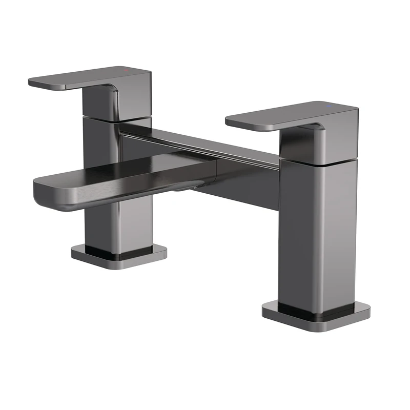 nuie WIN703 Windon Modern Bathroom Square Deck Mounted Bath Filler Tap with Lever Handles, 230mm, Brushed Pewter