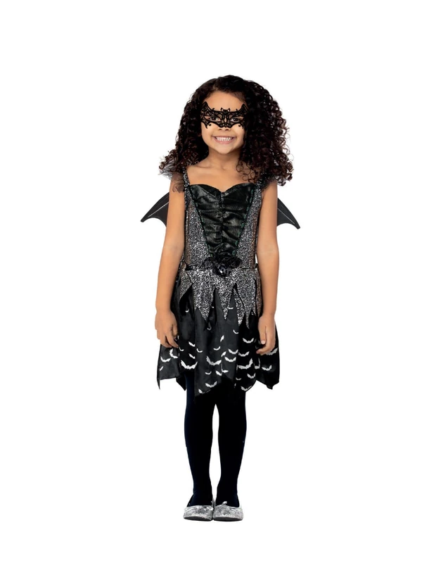 Smiffys Dark Bat Fairy Costume Dress, Wings & Eyemask, Halloween Child Fancy Dress, Fairy Dress Up Costumes, World Book Day