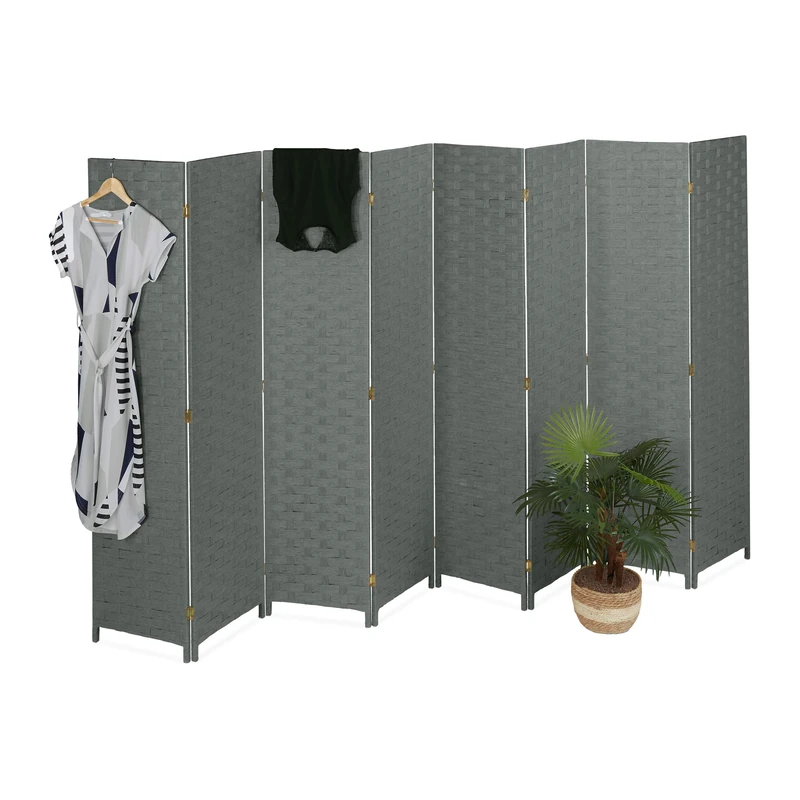 Relaxdays Folding Screen, 8-Panel, Room Divider, H x W: 170 x 320 cm, Partition Wall for Indoors, Wood, Paper, Grey - Image 1