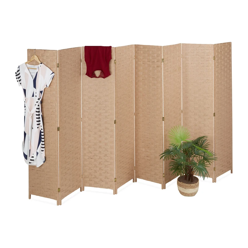 Relaxdays Folding Screen, 8-Panel, Room Divider, H x W: 170 x 320 cm, Partition Wall for Indoors, Wood, Paper, Natural