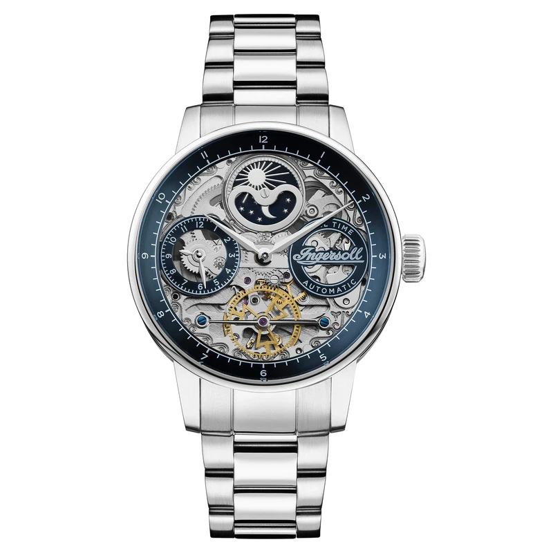 Ingersoll Jazz 42mm Moonphase Watch - Blue Skeleton Dial, Bracelet - Image 1