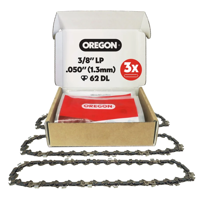 Oregon 3-Pack Chainsaw Chain 3/8" LP Pitch, .050" (1.3 mm) Gauge for 18" (45cm) Bar, 62 Drive Links – Semi-chisel Replacement Saw Chain, Fits Husqvarna, Makita, Bosch, Black + Decker and more