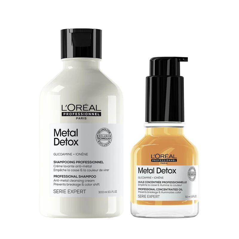 L’Oréal Professionnel Metal Detox Shampoo & Hair Oil Prevent Breakage & Colour Fade Prevent Damaged Hair Sulphate-Free & Vegan Shampoo Shine, Heat Protection & Anti-Humidity 300ml, 50ml