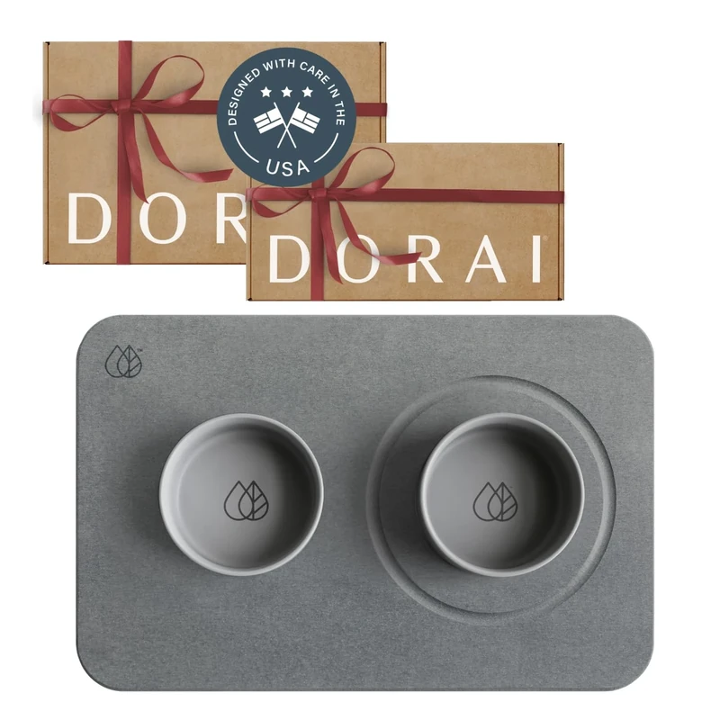 Dorai Home Dog Bowls + Stone Base Set – Modern and Stylish Pet Feeding Station – Non-Slip, Quick Drying Base with Diatomaceous Earth – Includes 2 Bowls and Base – Slate