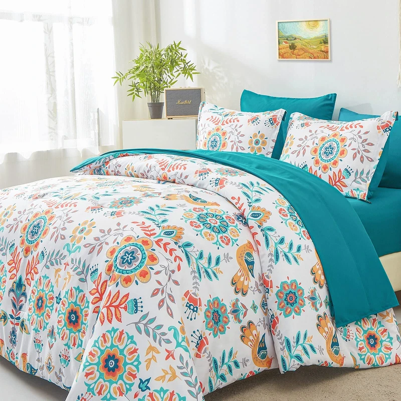 DHSFKBE Boho Comforter Set King - 7 Pieces Bed in a Bag Floral Medallions Design, Bohemian Comforter Set with Sheets, Soft Microfiber Complete Bedding Sets All Season (Teal Blue, King)
