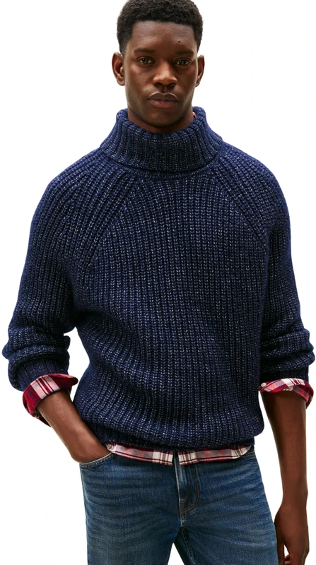 Tommy Hilfiger Men’s Chunky Ribbed Knit Roll Neck Jumper, Blue (Desert Sky), L