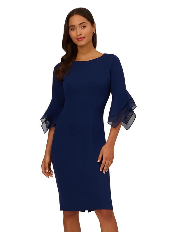Adrianna Papell Women's Knit Crepe Tiered Sleeve Dress | Mid Length Cocktail Dress with Tiered Sleeves & Back Pleat, Navy Sateen, 6