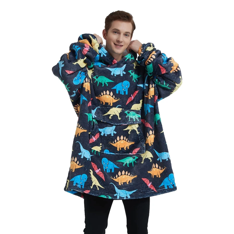 Mewkou Wearable Blanket Hoodie for Adults Women Men Oversized Sherpa Sweatshirt Wearable Blanket with Giant Pocket Super Warm Soft Flannel Hooded Blanket Dinosaur, adult dinosaur, Adult - Image 1