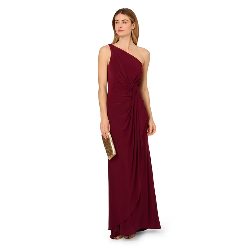 Adrianna Papell Women's One Shoulder Jersey Dress Special Occasion, Red Wine, 14