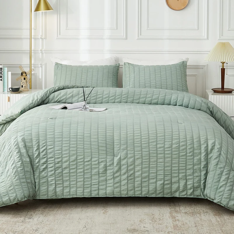 AveLom Sage Green Seersucker Full Comforter Set (80x90 inches), 3 Pieces - 100% Soft Washed Microfiber Lightweight Comforter with 2 Pillowcases, All Season Down Alternative Comforter Set for Bedding