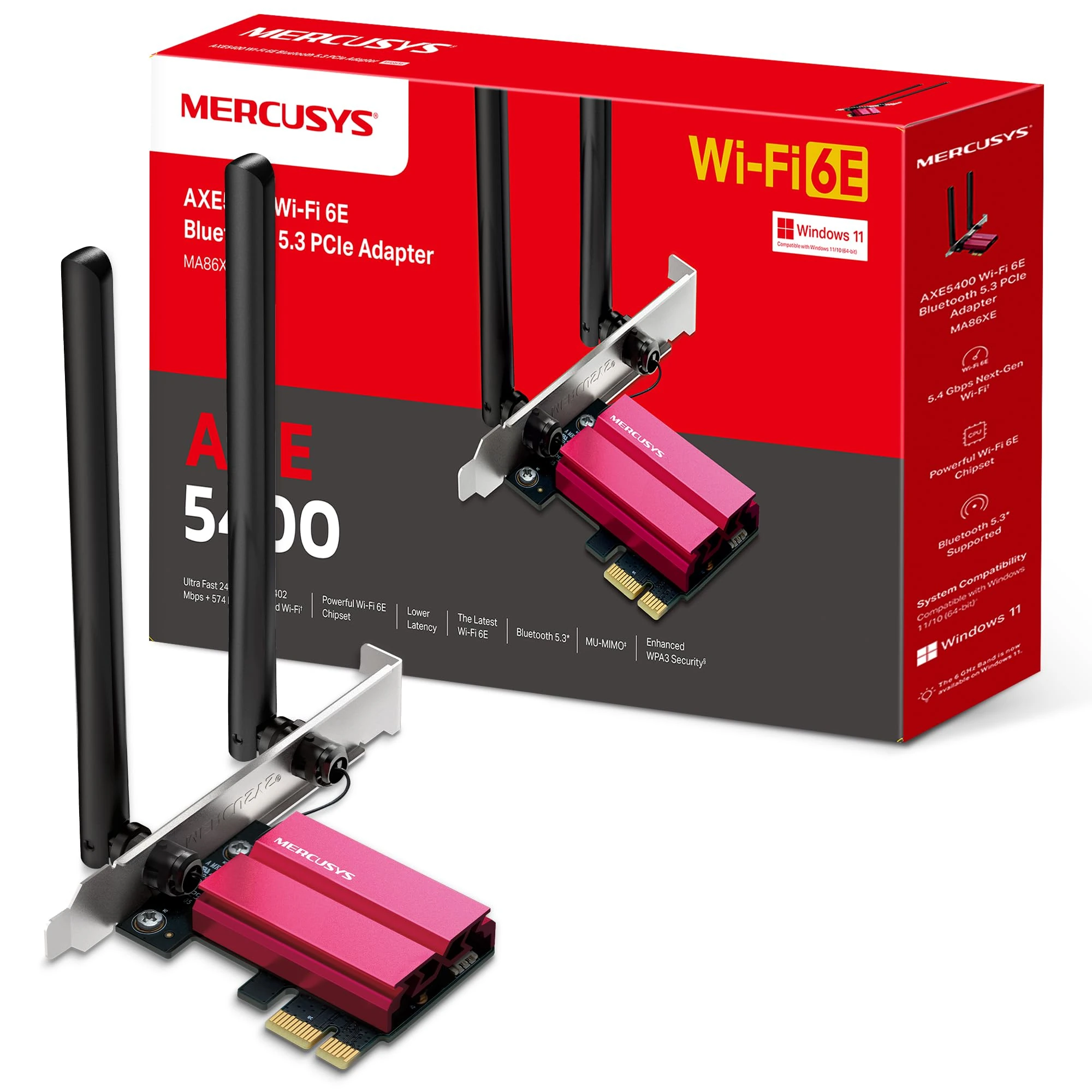 Mercusys MA86XE Bluetooth 5.2 PCIe Adapter, AXE5400 Tri-Band WiFi 6E, Two Antennas, PCIe WiFi Card, OFDMA, MU-MIMO,Low Latency, WiFi 6 Chipset, Latest WPA3, Supports Windows 10/11(64bit)